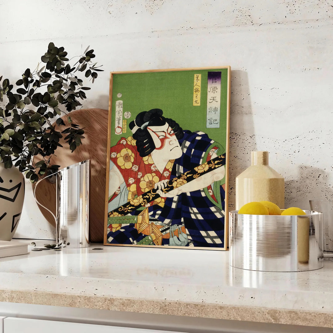 Vintage japansk konsttryck med jordnära bruna och gröna nyanser - på en bänk med eukalyptus och en skål citroner