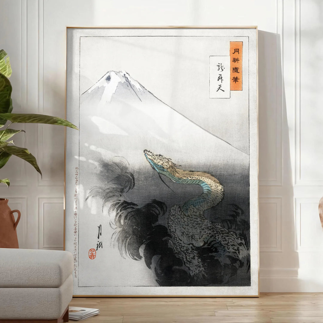 Vintage Japanese artwork featuring traditional motifs in green and white tones - in a bright minimalist room with a plant and an armchair