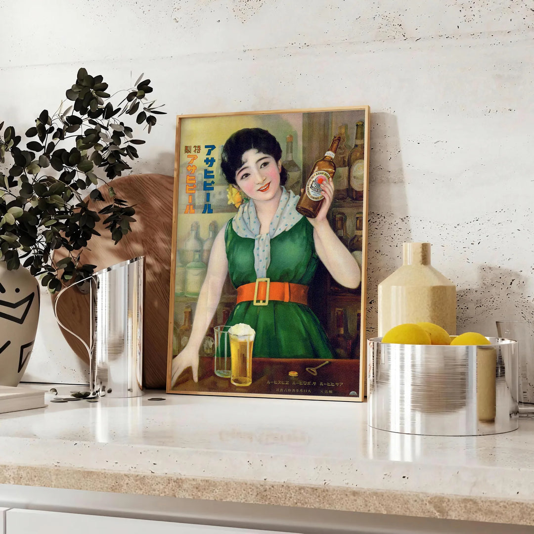 Vintage Japanese poster featuring rich brown and green tones - styled on a counter with eucalyptus and a bowl of lemons
