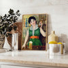 Vintage Japanese poster featuring rich brown and green tones - styled on a counter with eucalyptus and a bowl of lemons