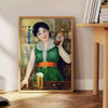 Vintage Japanese poster featuring rich brown and green tones - beside a round wooden side table with books
