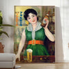 Vintage Japanese poster featuring rich brown and green tones - in a bright minimalist room with a plant and an armchair