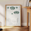 A vintage Japanese print featuring traditional motifs in green and white tones - beside a round wooden side table with books