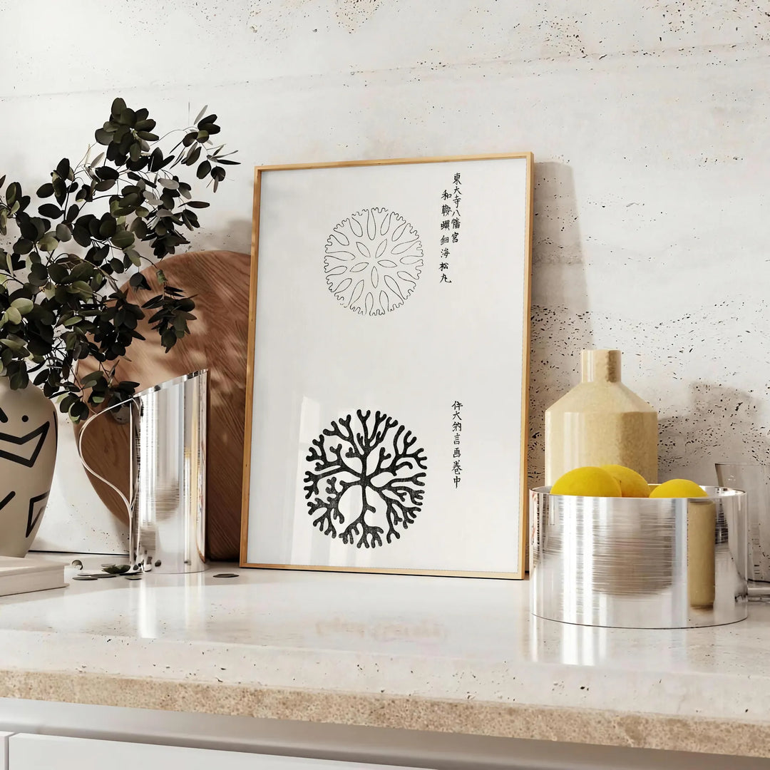 black and white vintage Japanese art featuring traditional motifs - styled on a counter with eucalyptus and a bowl of lemons