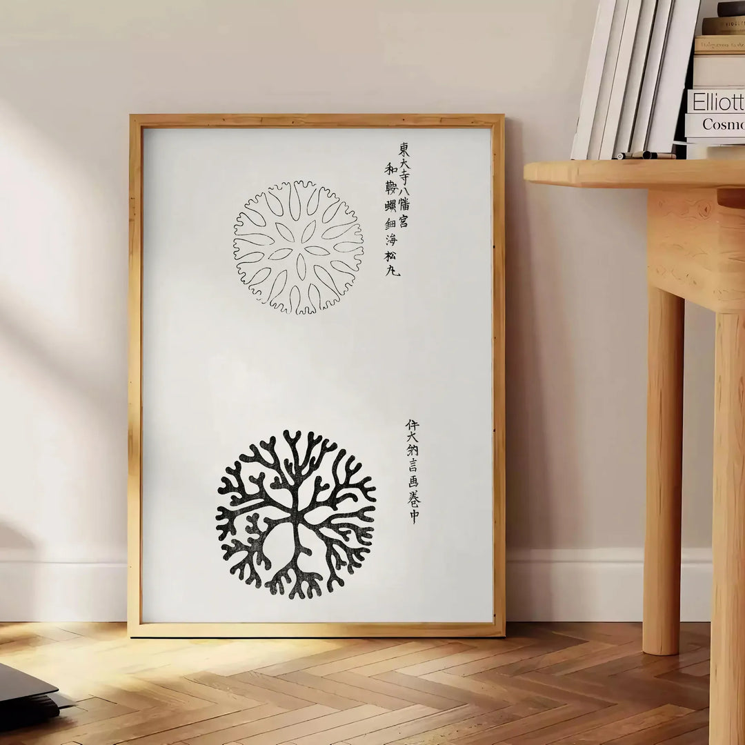 black and white vintage Japanese art featuring traditional motifs - beside a round wooden side table with books