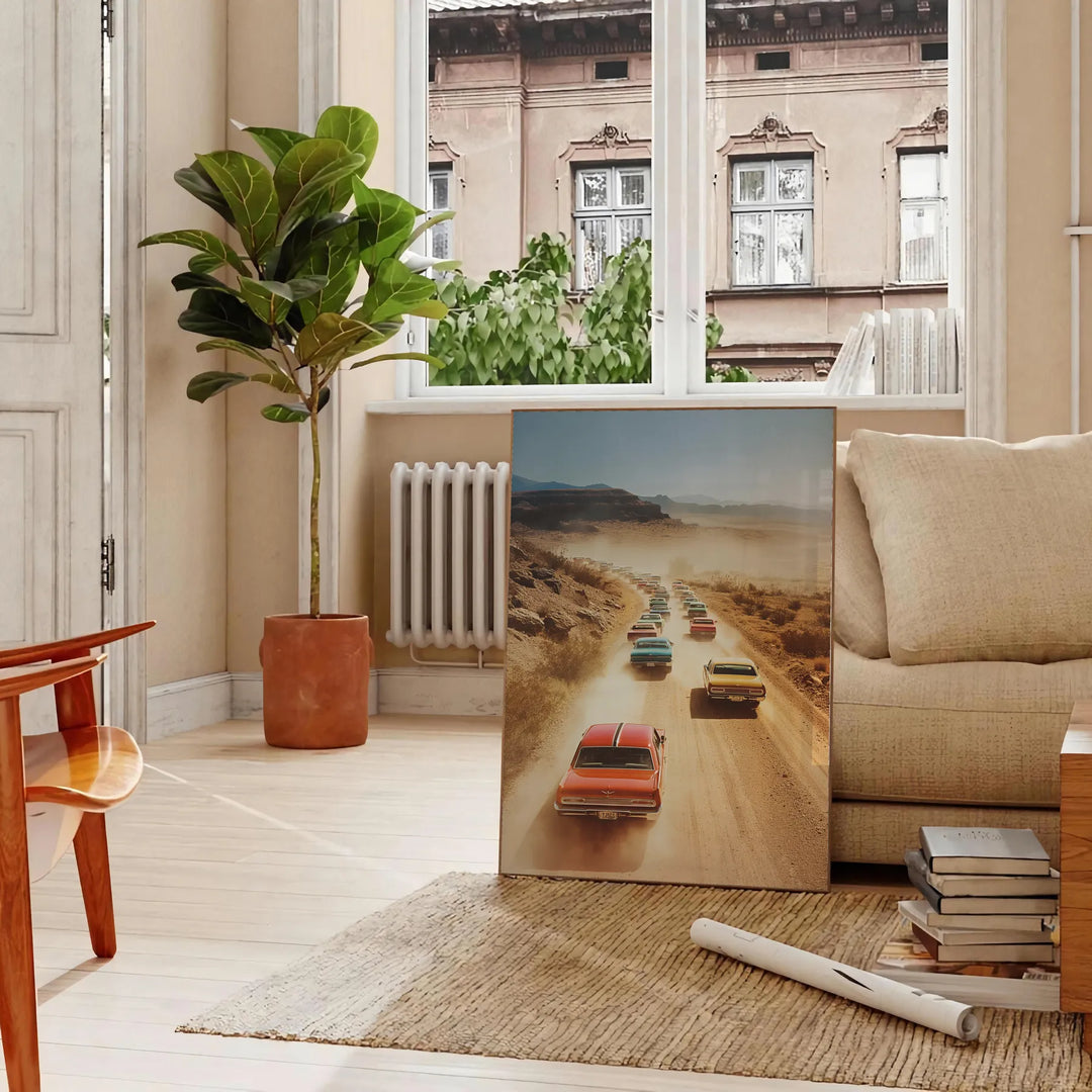 A vintage photograph featuring warm brown tones and serene green hues - in a Parisian living room with a sofa and a fig plant