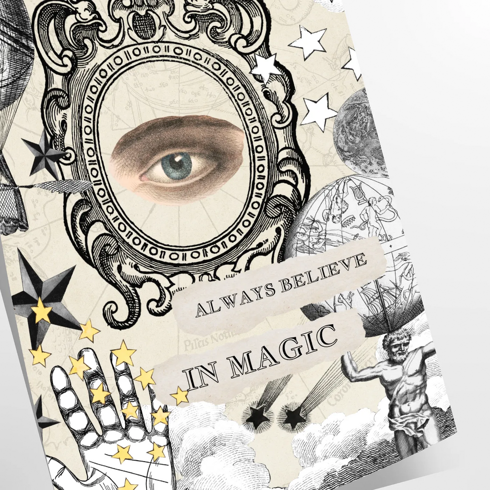 Vintage space illustration with green and blue tones featuring the phrase 'Always Believe in Magic'