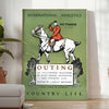 A vintage-style poster depicting rural life with muted gray and black tones - in a bright minimalist room with a plant and an armchair