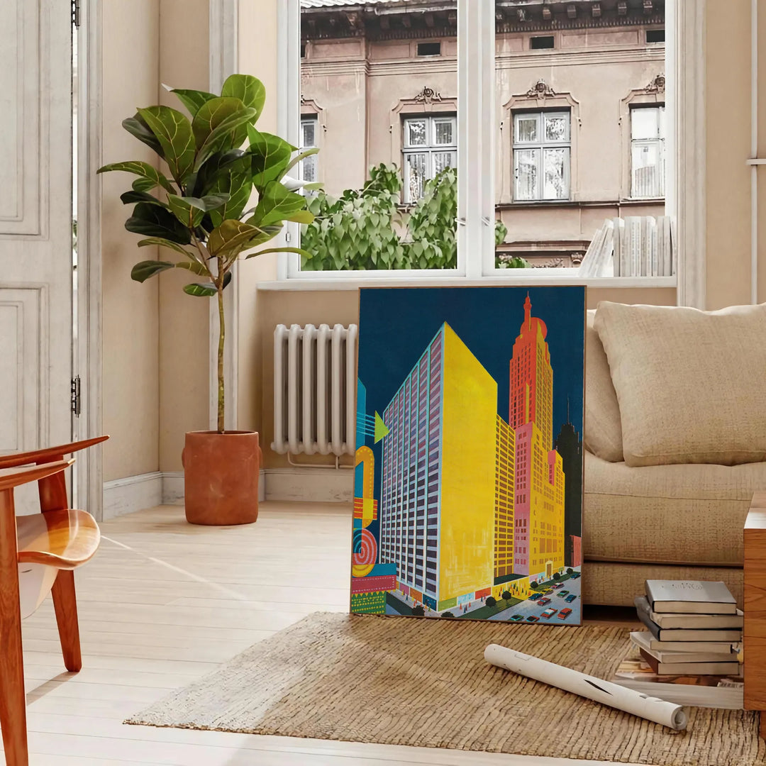 Retro space-themed poster with green and blue tones depicting a vintage spacecraft - in a Parisian living room with a sofa and a fig plant