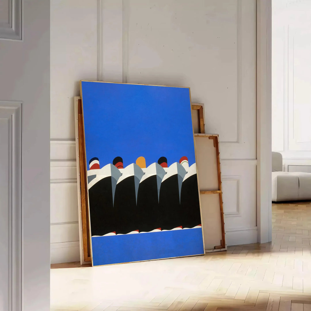 Vintage retro poster featuring bold black and orange tones - leaning on a herringbone floor against a white panelled wall