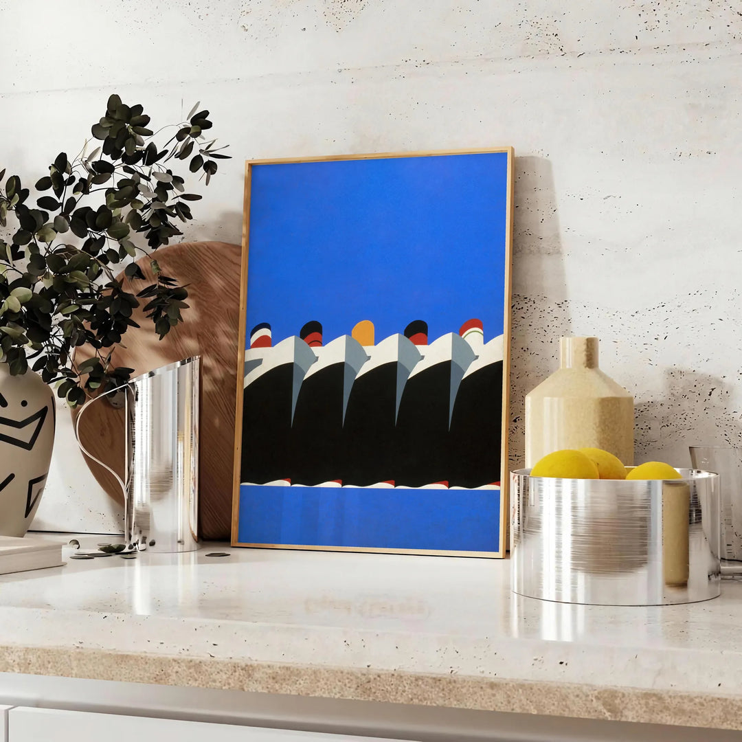 Vintage retro poster featuring bold black and orange tones - styled on a counter with eucalyptus and a bowl of lemons