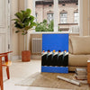 Vintage retro poster featuring bold black and orange tones - in a Parisian living room with a sofa and a fig plant