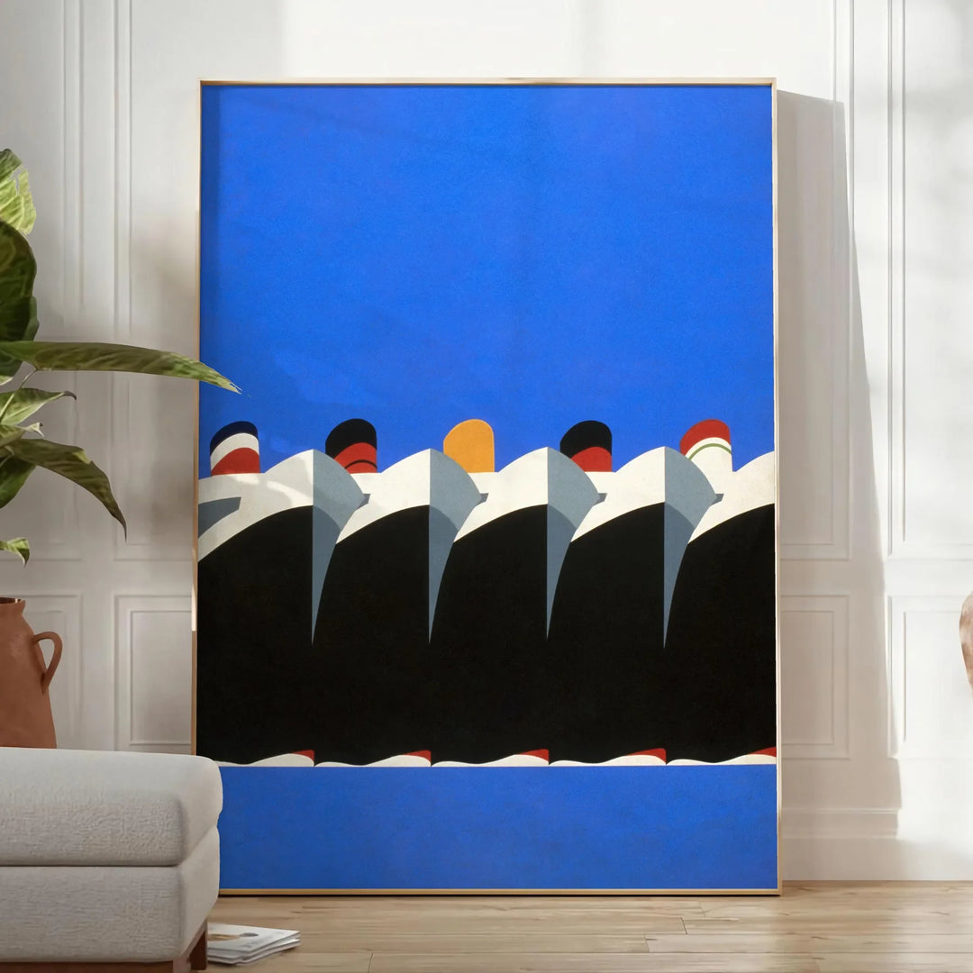 Vintage retro poster featuring bold black and orange tones - in a bright minimalist room with a plant and an armchair