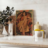 A vintage portrait of a South Asian woman in rich black and green tones - styled on a counter with eucalyptus and a bowl of lemons