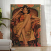A vintage portrait of a South Asian woman in rich black and green tones - in a bright minimalist room with a plant and an armchair