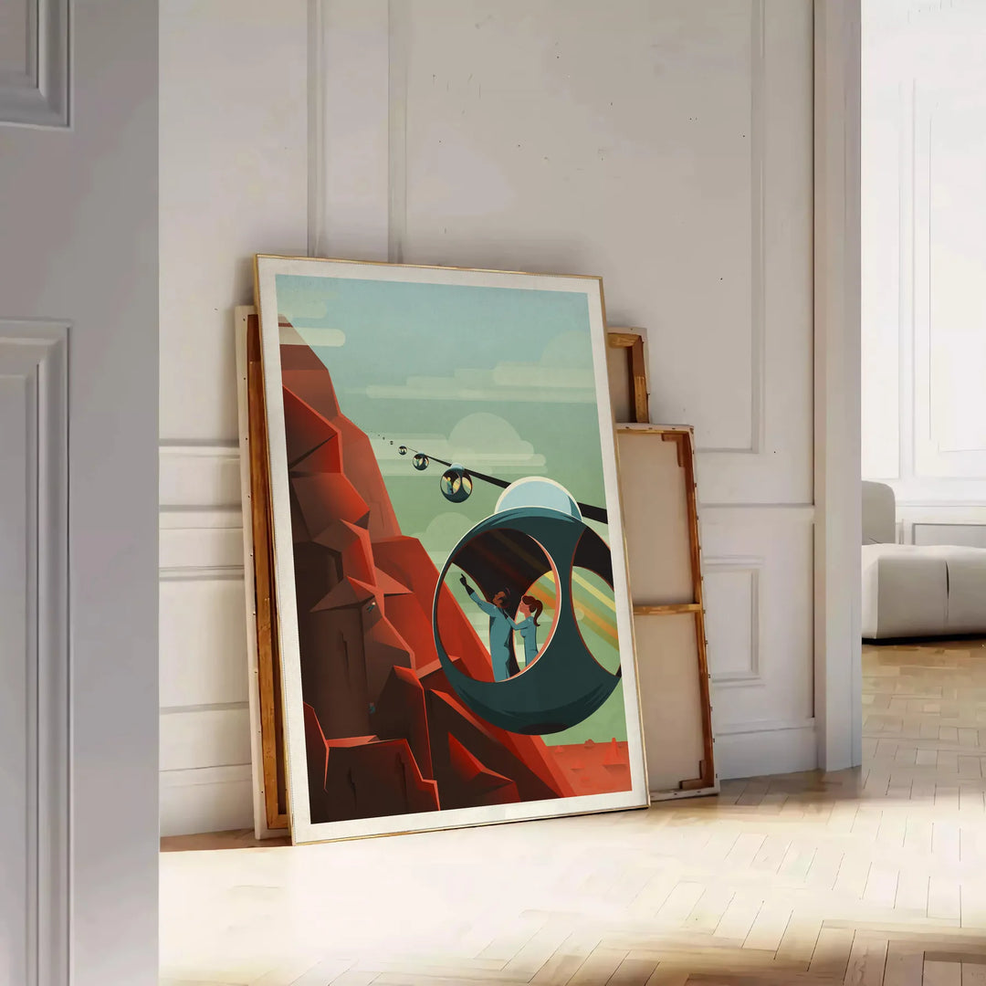 Abstract mountain landscape with black and orange hues - leaning on a herringbone floor against a white panelled wall