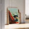 Abstract mountain landscape with black and orange hues - leaning on a herringbone floor against a white panelled wall