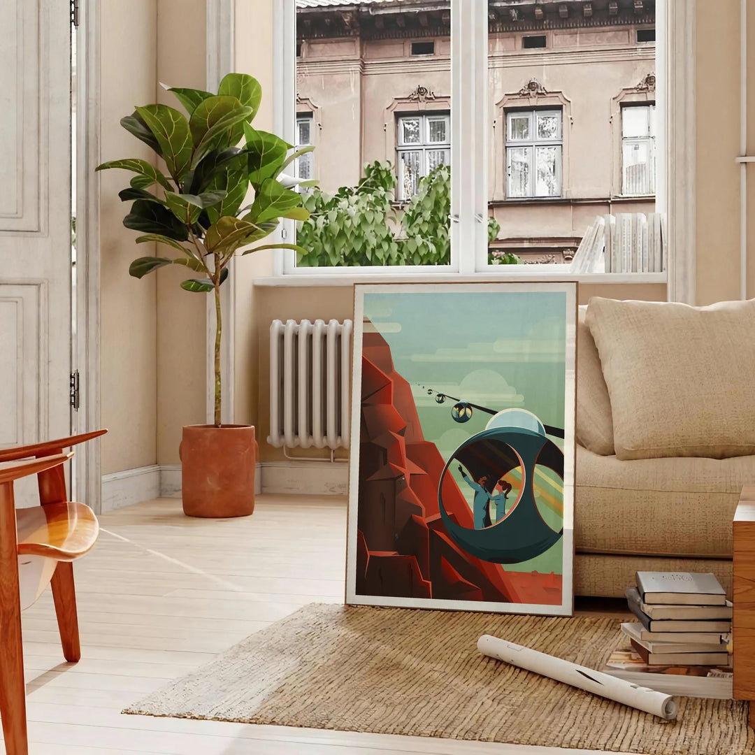Abstract mountain landscape with black and orange hues - in a Parisian living room with a sofa and a fig plant
