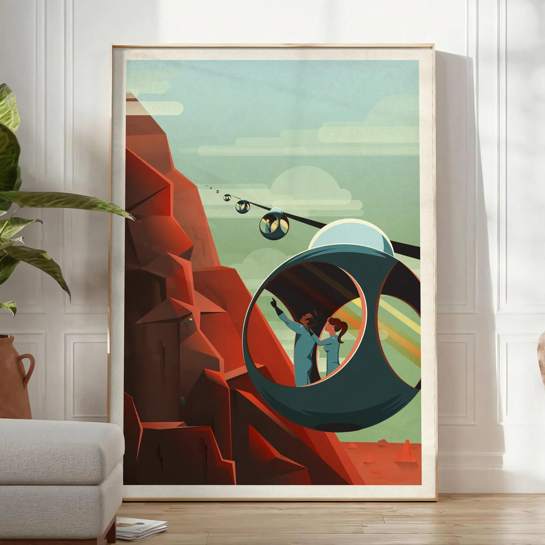 Abstract mountain landscape with black and orange hues - in a bright minimalist room with a plant and an armchair