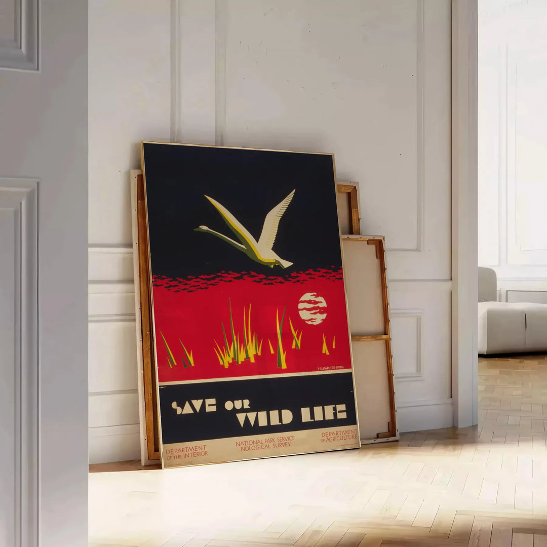 Vintage travel poster featuring bold black and orange colors - leaning on a herringbone floor against a white panelled wall