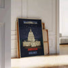 Vintage poster featuring American Airlines in Washington, with black and green tones - leaning on a herringbone floor against a white panelled wall