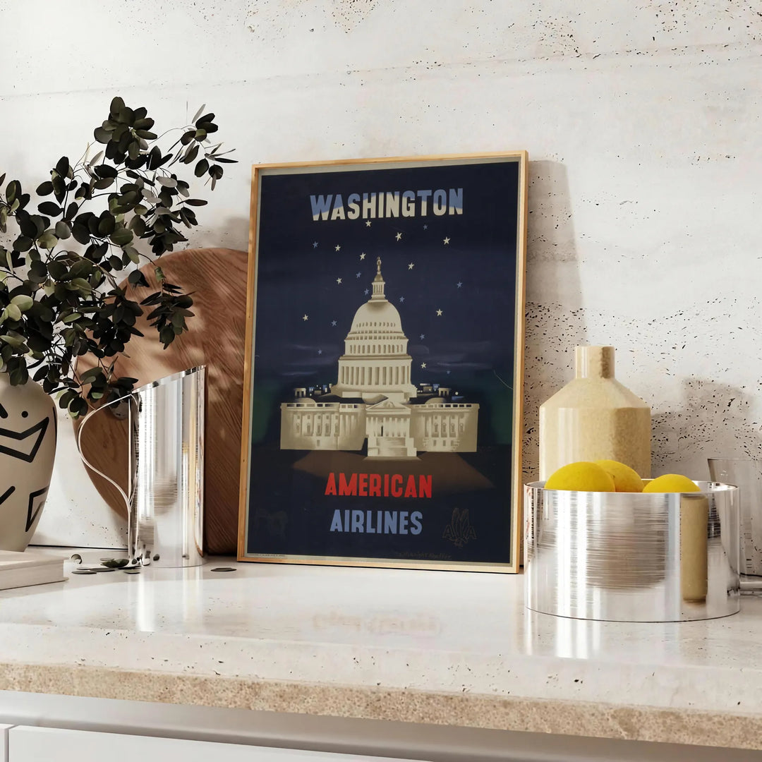Vintage poster featuring American Airlines in Washington, with black and green tones - styled on a counter with eucalyptus and a bowl of lemons