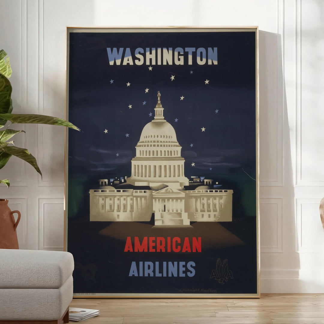 Vintage poster featuring American Airlines in Washington, with black and green tones - in a bright minimalist room with a plant and an armchair
