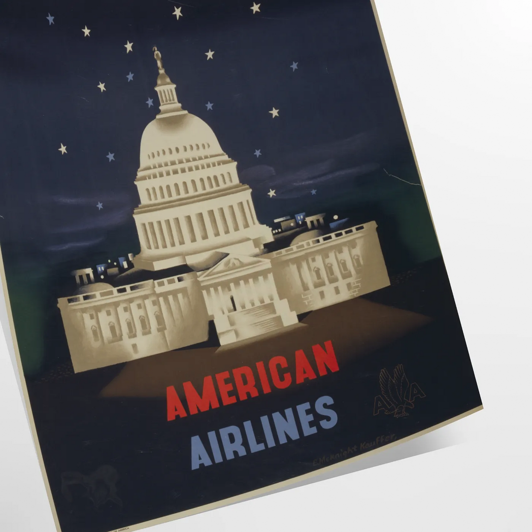 Vintage poster featuring American Airlines in Washington, with black and green tones - as a rolled, unframed print