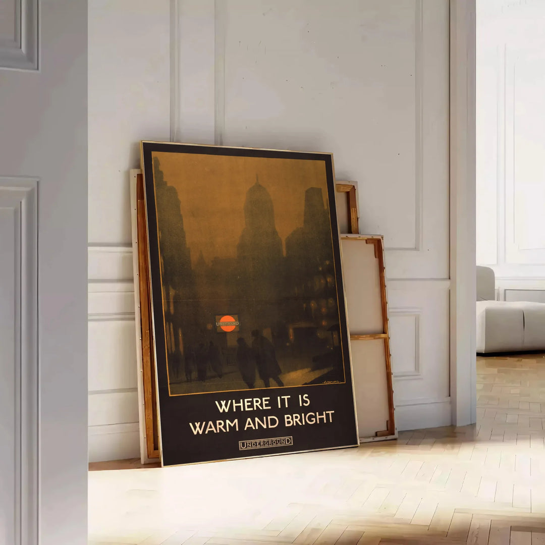 Vintage travel poster featuring a scenic landscape in rich browns and greens - leaning on a herringbone floor against a white panelled wall