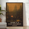 Vintage travel poster featuring a scenic landscape in rich browns and greens - in a bright minimalist room with a plant and an armchair
