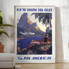 Vintage Pan American travel poster featuring retro airplane and muted gray-green tones - in a bright minimalist room with a plant and an armchair