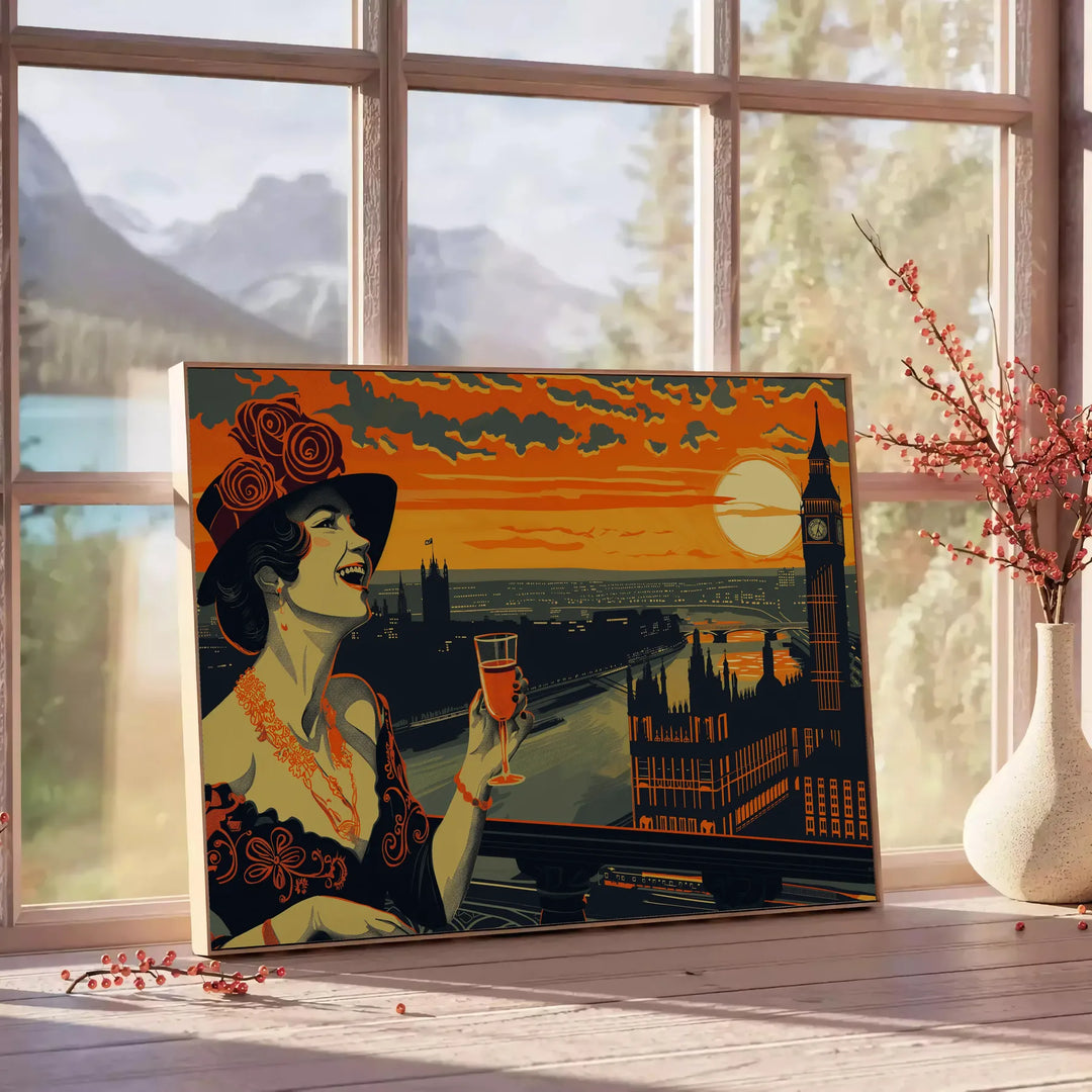 Retro travel poster featuring classic green and orange tones - beside a round wooden side table with books