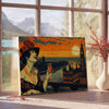 Retro travel poster featuring classic green and orange tones - beside a round wooden side table with books