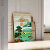Vintage travel poster of Japan featuring serene green and blue tones - leaning on a herringbone floor against a white panelled wall