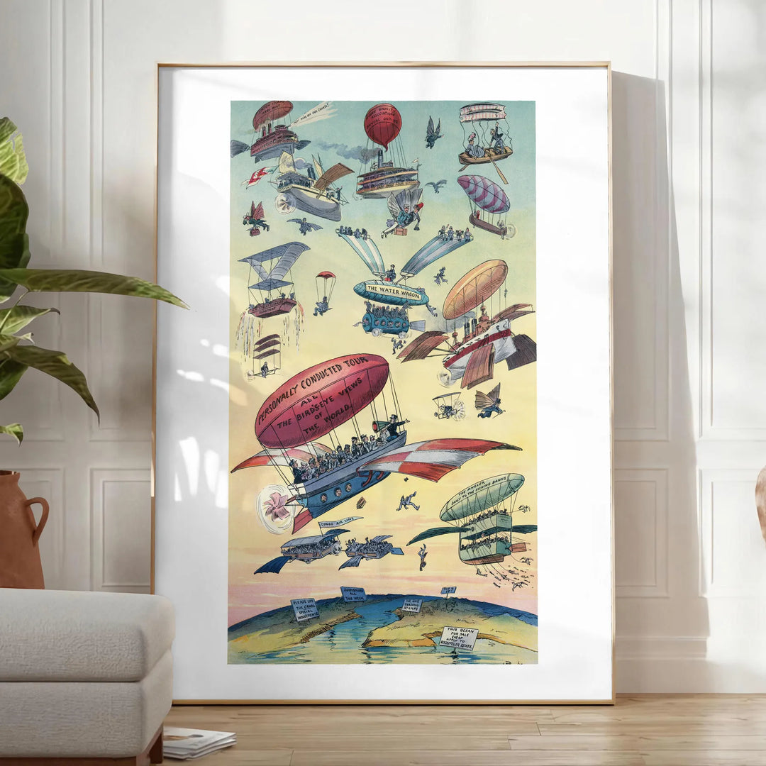 Une affiche de voyage vintage avec un chariot volant sur fond gris-bleu - dans une pièce lumineuse épurée avec plante et fauteuil