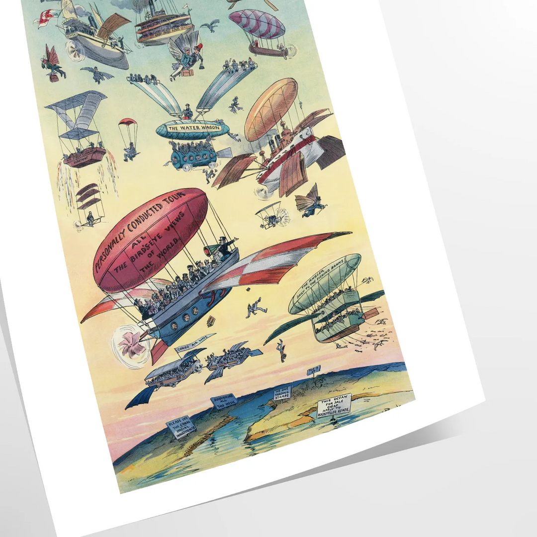 Une affiche de voyage vintage avec un chariot volant sur fond gris-bleu - en tirage roulé, sans cadre