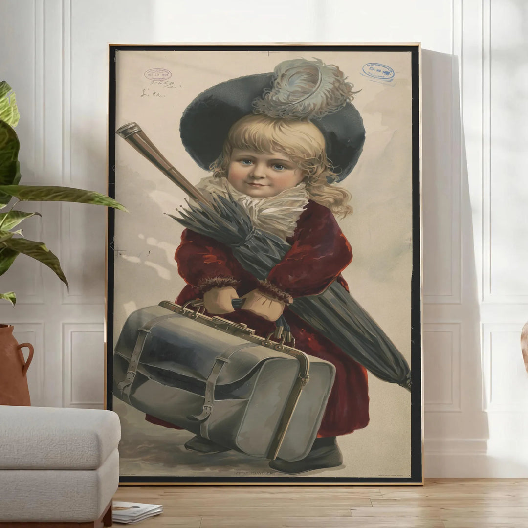 Affiche de voyage vintage fantaisiste montrant des enfants explorant, avec des tons gris et verts - dans une pièce lumineuse épurée avec plante et fauteuil