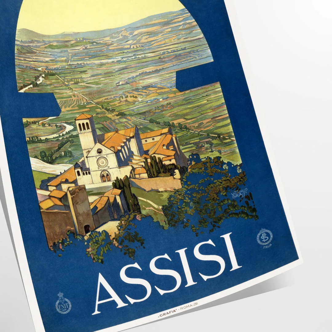 Affiche vintage d'Assise montrant la ville perchée en vert et bleu - en tirage roulé, sans cadre
