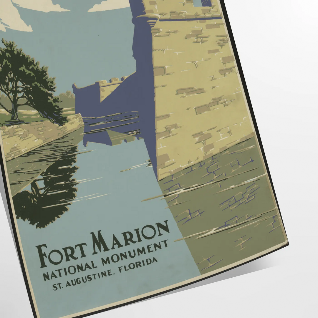 Affiche de voyage vintage de Fort Marion avec des tons verts et gris - en tirage roulé, sans cadre