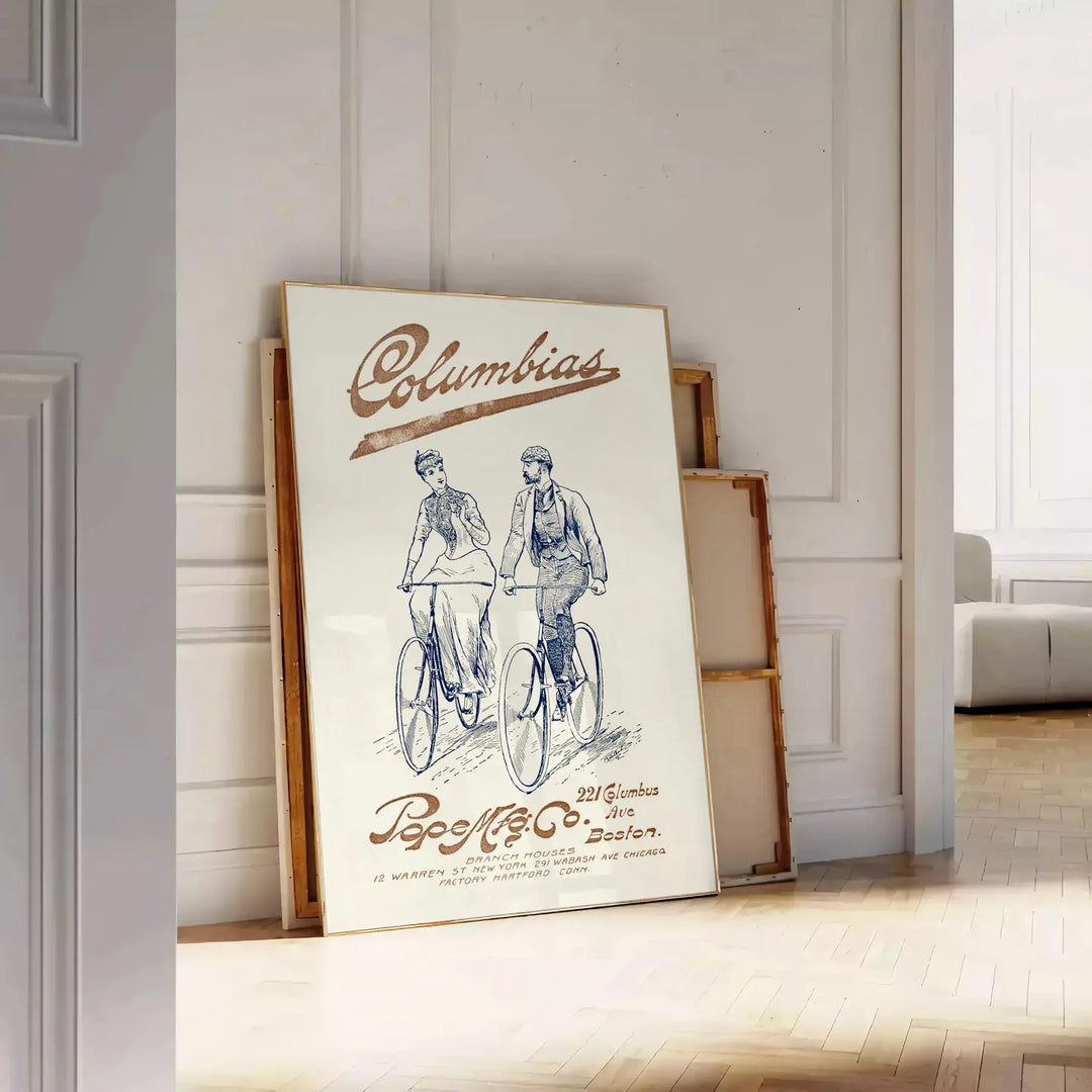 Vintage travel poster of Columbia, Boston featuring classic gray and blue hues - leaning on a herringbone floor against a white panelled wall
