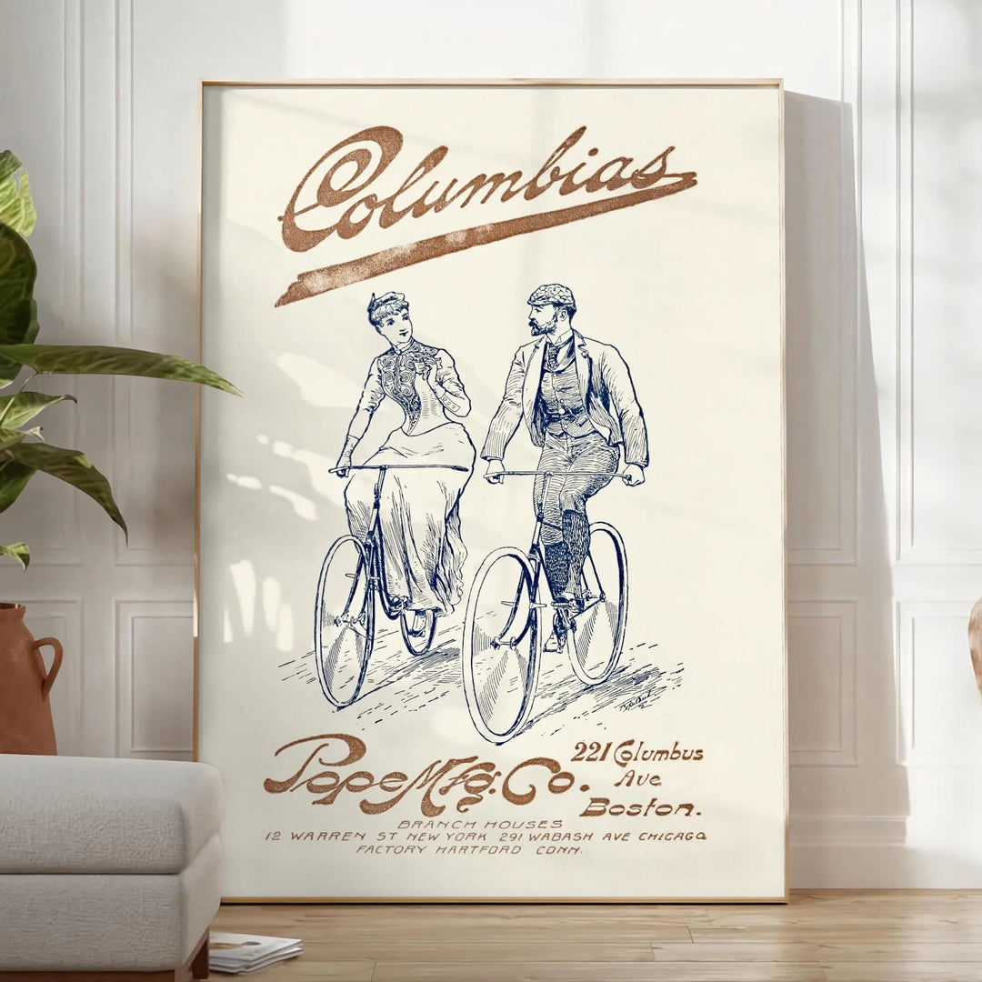 Vintage travel poster of Columbia, Boston featuring classic gray and blue hues - in a bright minimalist room with a plant and an armchair