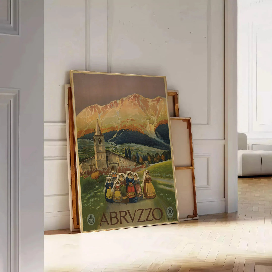 Stylized landscape of Abruzzo, Italy in muted black and green tones - leaning on a herringbone floor against a white panelled wall