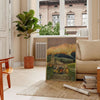 Stylized landscape of Abruzzo, Italy in muted black and green tones - in a Parisian living room with a sofa and a fig plant