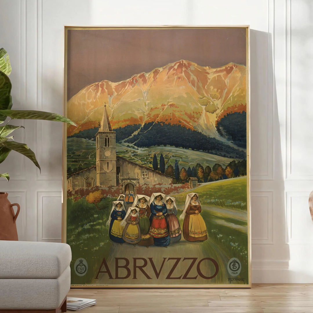 Stylized landscape of Abruzzo, Italy in muted black and green tones - in a bright minimalist room with a plant and an armchair