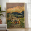 Stylized landscape of Abruzzo, Italy in muted black and green tones - in a bright minimalist room with a plant and an armchair