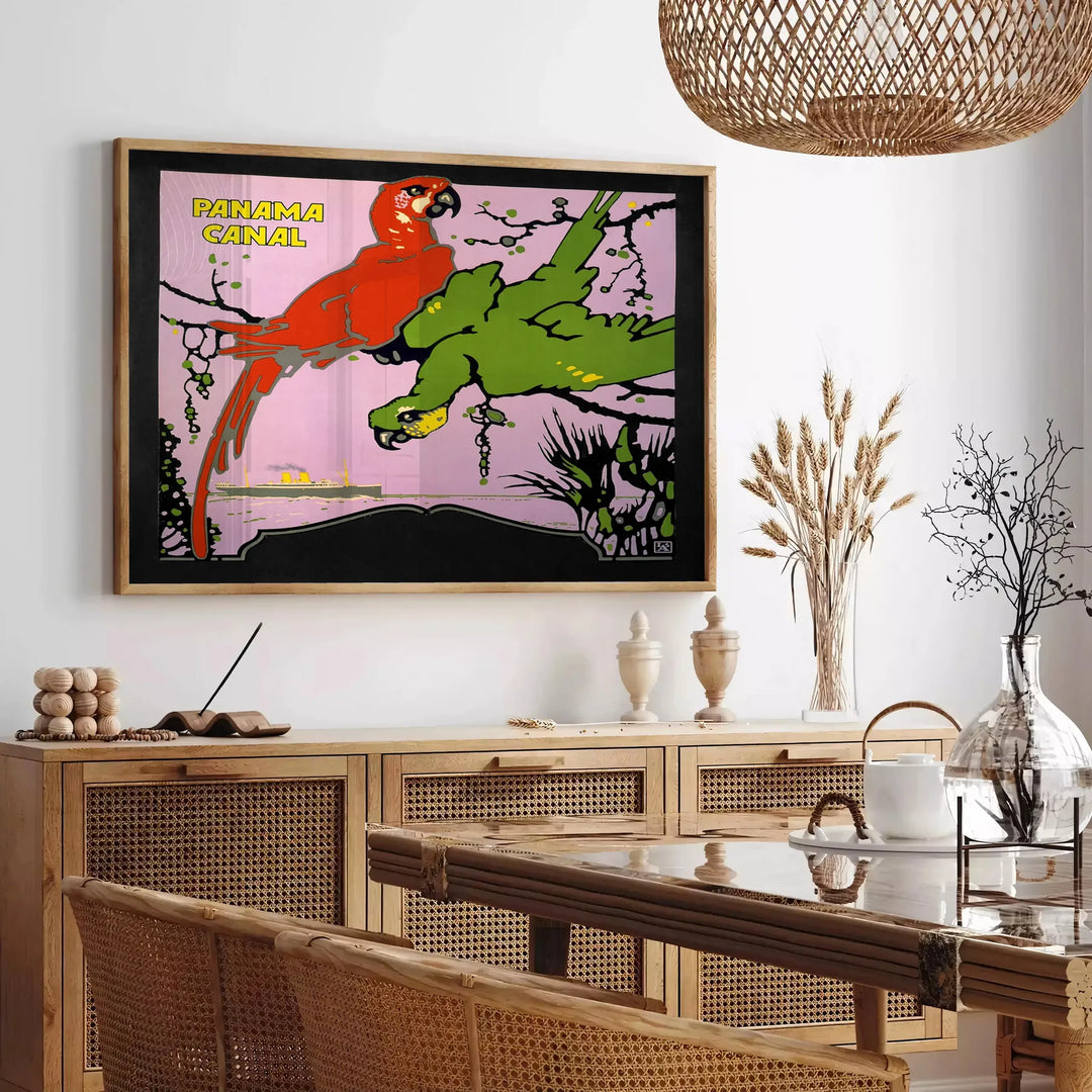 Vintage travel poster featuring the Panama Canal in green and black tones - in a Parisian living room with a sofa and a fig plant
