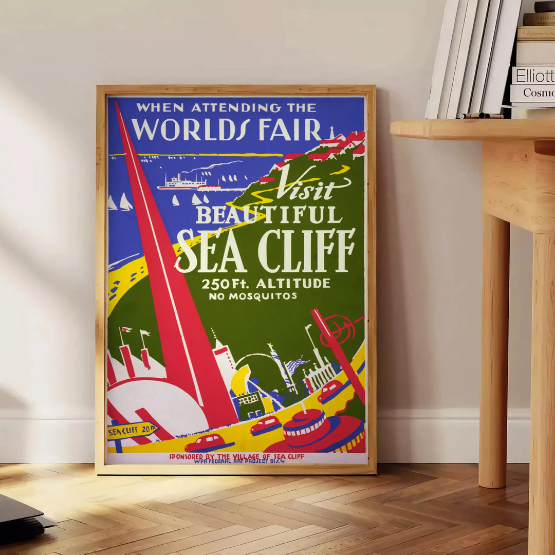Vintage Reiseposter mit Sea Cliff in grünen und orangefarbenen Tönen - neben einem runden Beistelltisch aus Holz mit Büchern