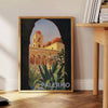 Vintage travel poster of Palermo, Italy, featuring lush greenery and gray tones - beside a round wooden side table with books