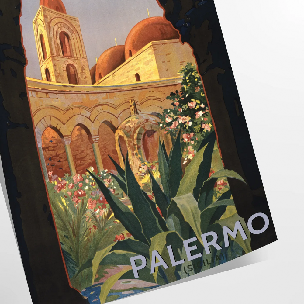 Vintage travel poster of Palermo, Italy, featuring lush greenery and gray tones