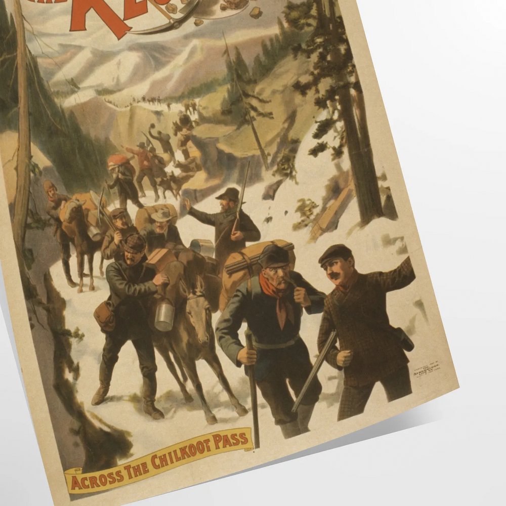 Vintage print featuring the Klondike region with earthy green and brown tones